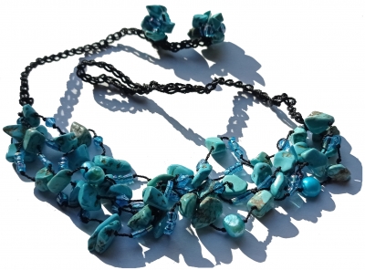 Kette 50x Türkis 5x Perlen geknotet teilweise 5 Reihen blau