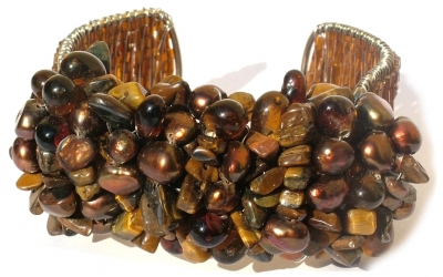Armspange 30x goldbraunes Tigerauge 20x Perlen auf Silber breit verstellbar