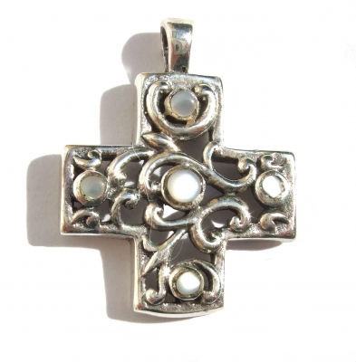 Anhänger Kreuz 925 Silber Ornamentik Mondstein weiß