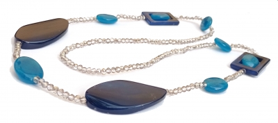 Kette Achat Bergkristall Aventurin dunkelblau-türkis-transparent lang