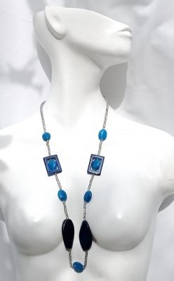 Kette Achat Bergkristall Aventurin dunkelblau-türkis-transparent lang
