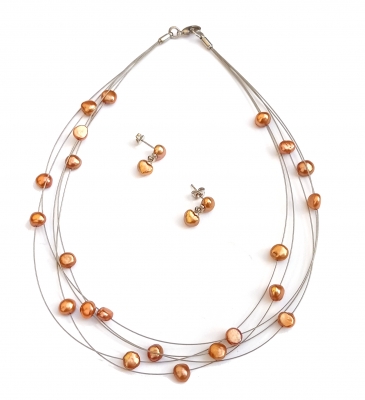 Schmuckset 26x Copper Süsswasserzucht Perlen 925 Silber Ohrstecker mit Collier