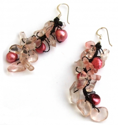 Ohrringe 925 Silber 40 x Rubelith 6 x Süßwasserzucht-Perlen rosa