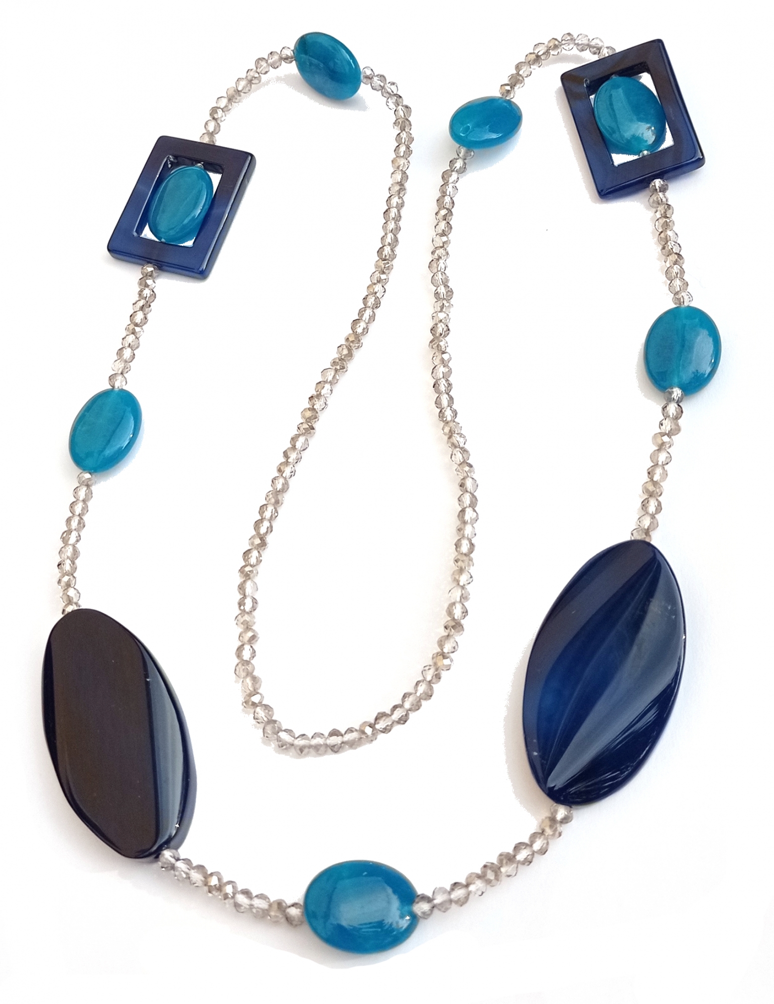 Kette Achat Bergkristall Aventurin dunkelblau-türkis-transparent lang
